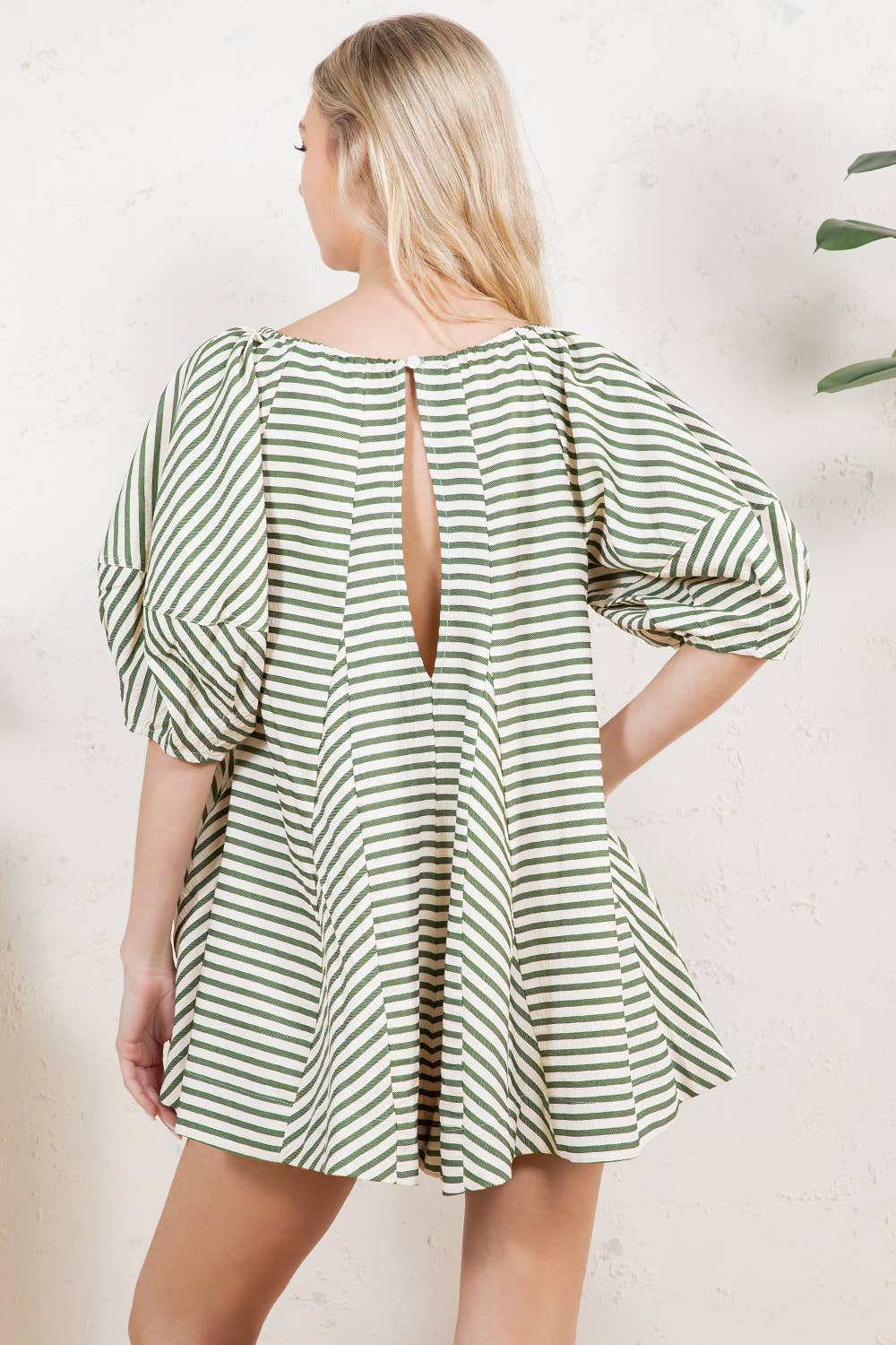 Striped Swing Romper – Puff Sleeve Tie Front