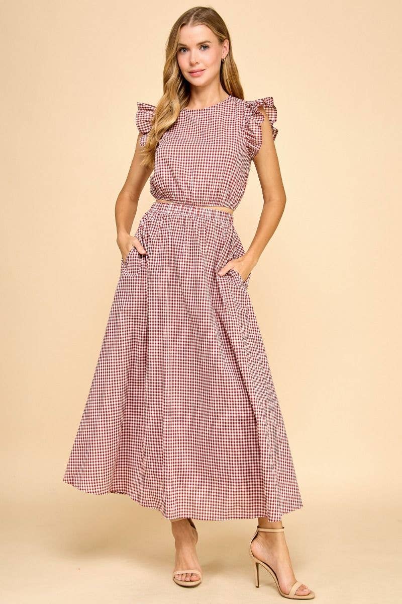TCEC Gingham Print Elastic Waistband Maxi Skirt