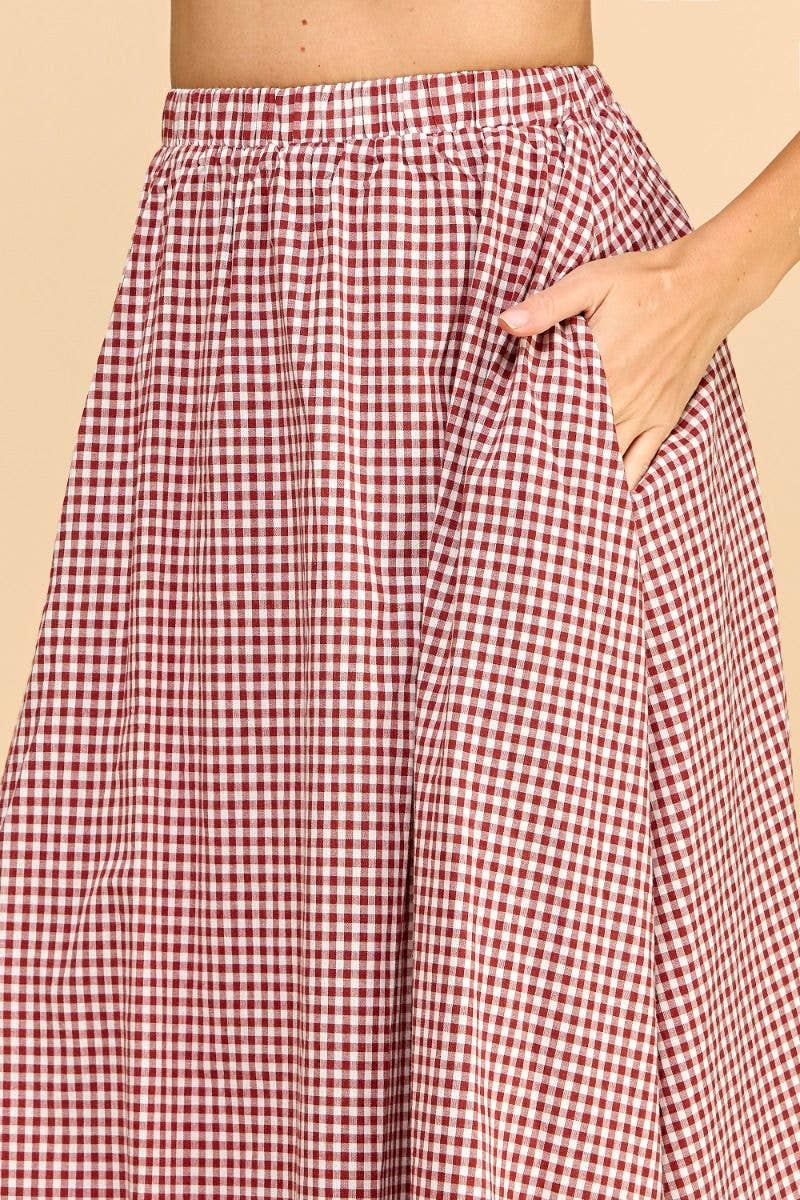 TCEC Gingham Print Elastic Waistband Maxi Skirt