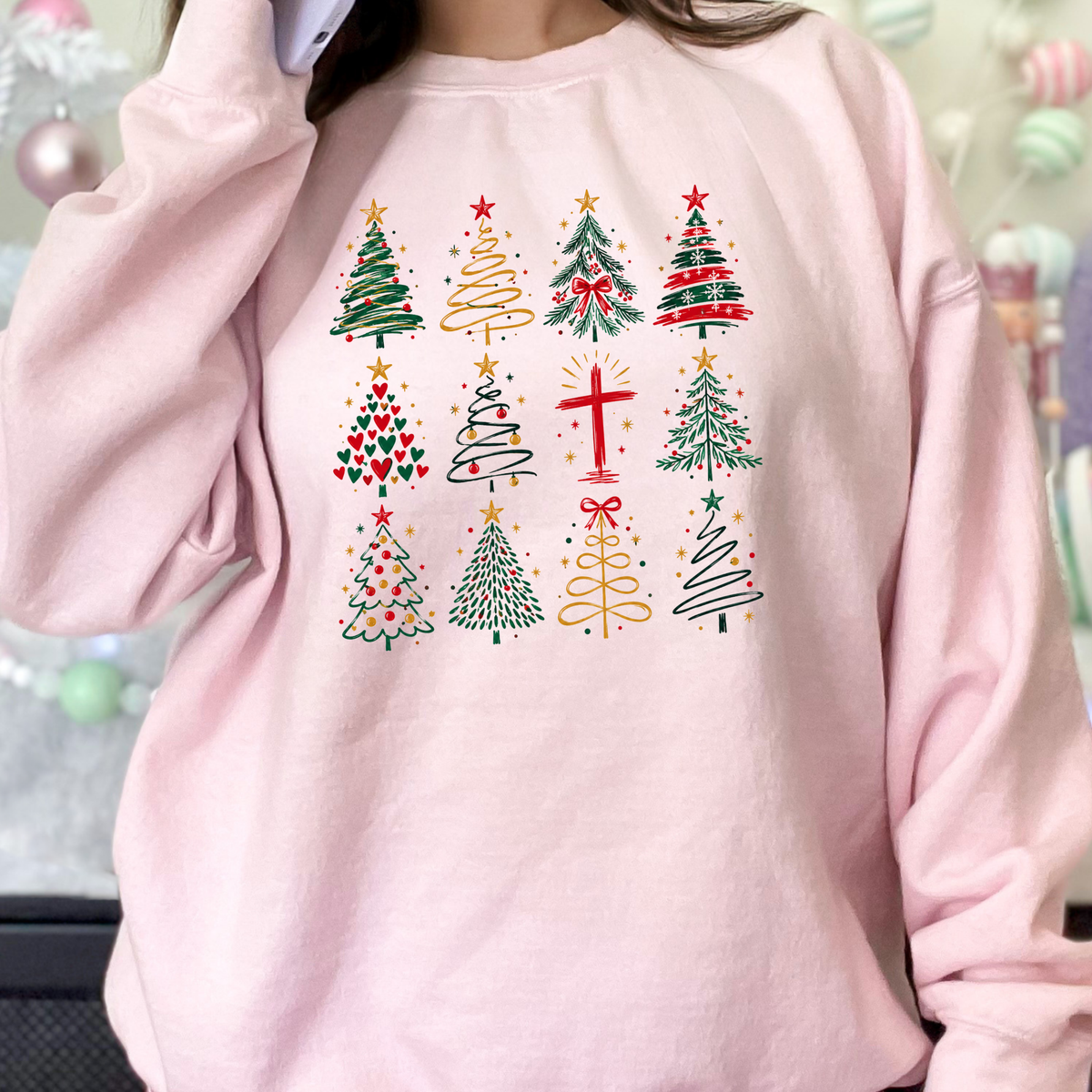 Wholesale Christmas Tree Grid Graphic Sweatshirt - Light Pink