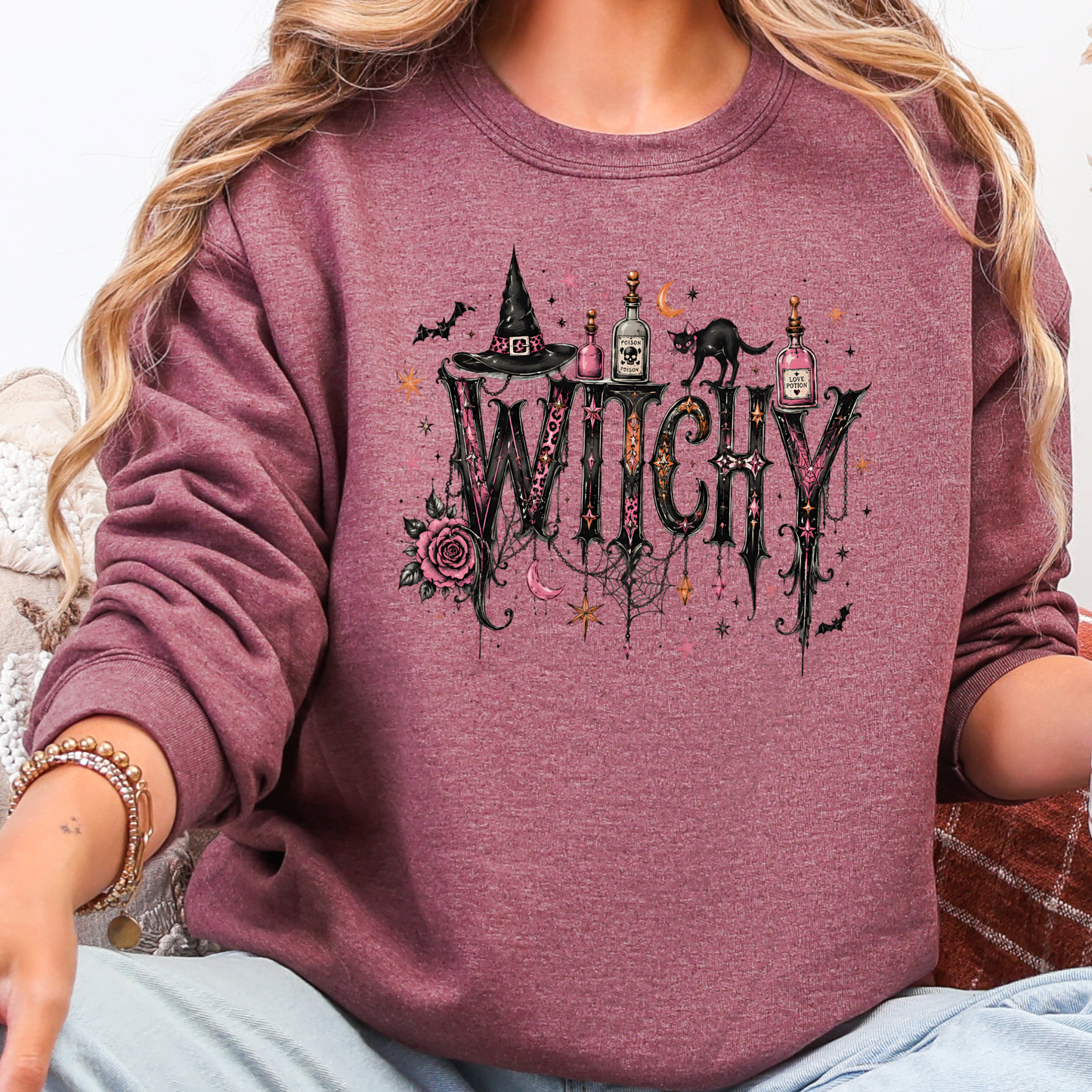 Wholesale Witchy Graphic Sweatshirt - Heather Maroon
