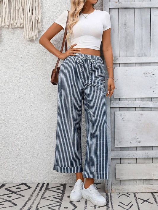 Striped High Waist Cropped Straight Leg Casual Pants