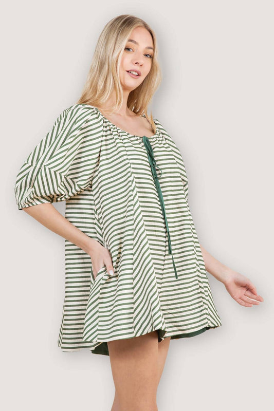 Striped Swing Romper – Puff Sleeve Tie Front