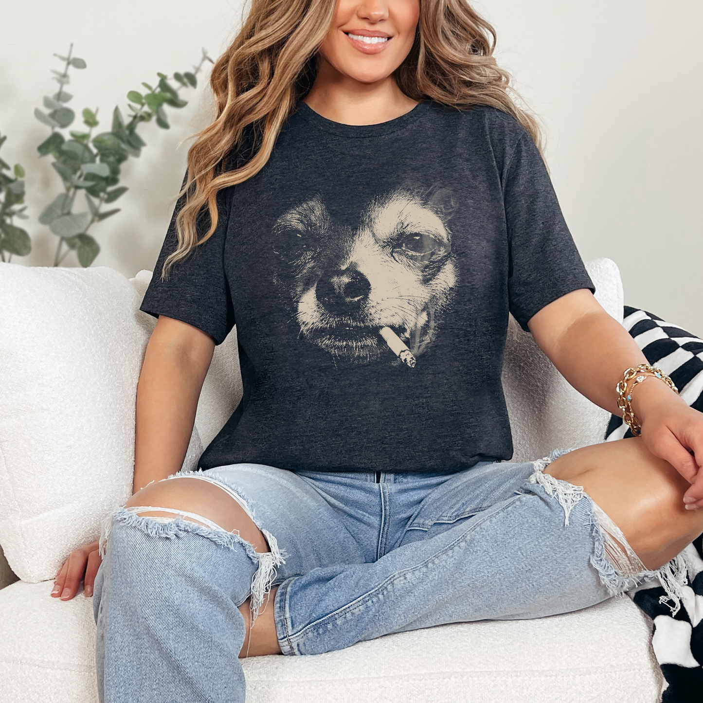 Wholesale Dog Smoking Graphic Tee - Dark Grey Heather Tee