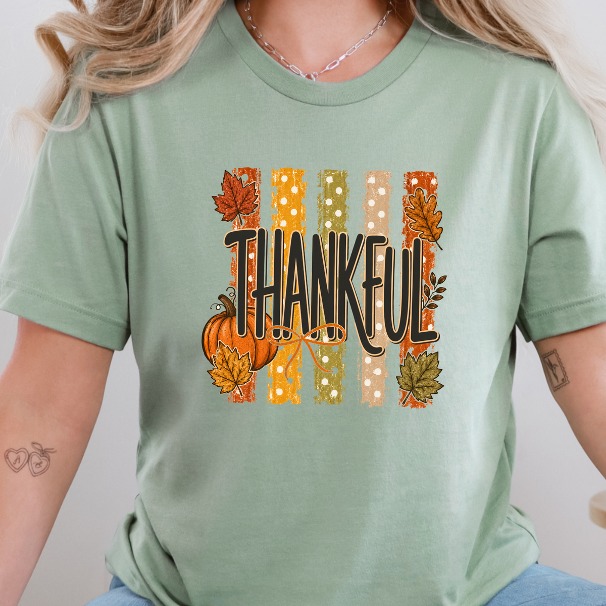 Wholesale Thankful Striped Graphic Tee - Sage