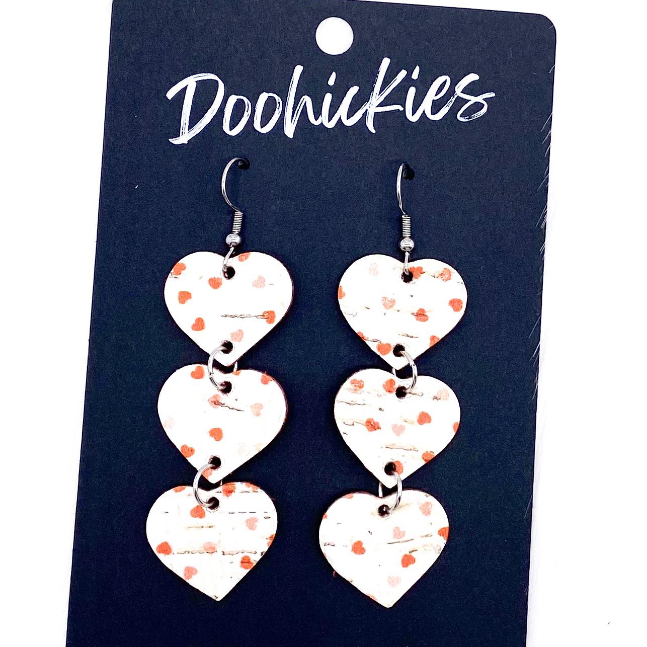 Triple Corkie Heart Drops -Valentine's Earrings