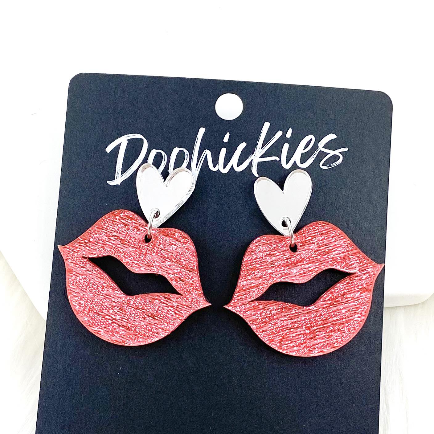 Lil' Sparkly Saffiano Smooches Dangles - Valentines Acrylic Earrings