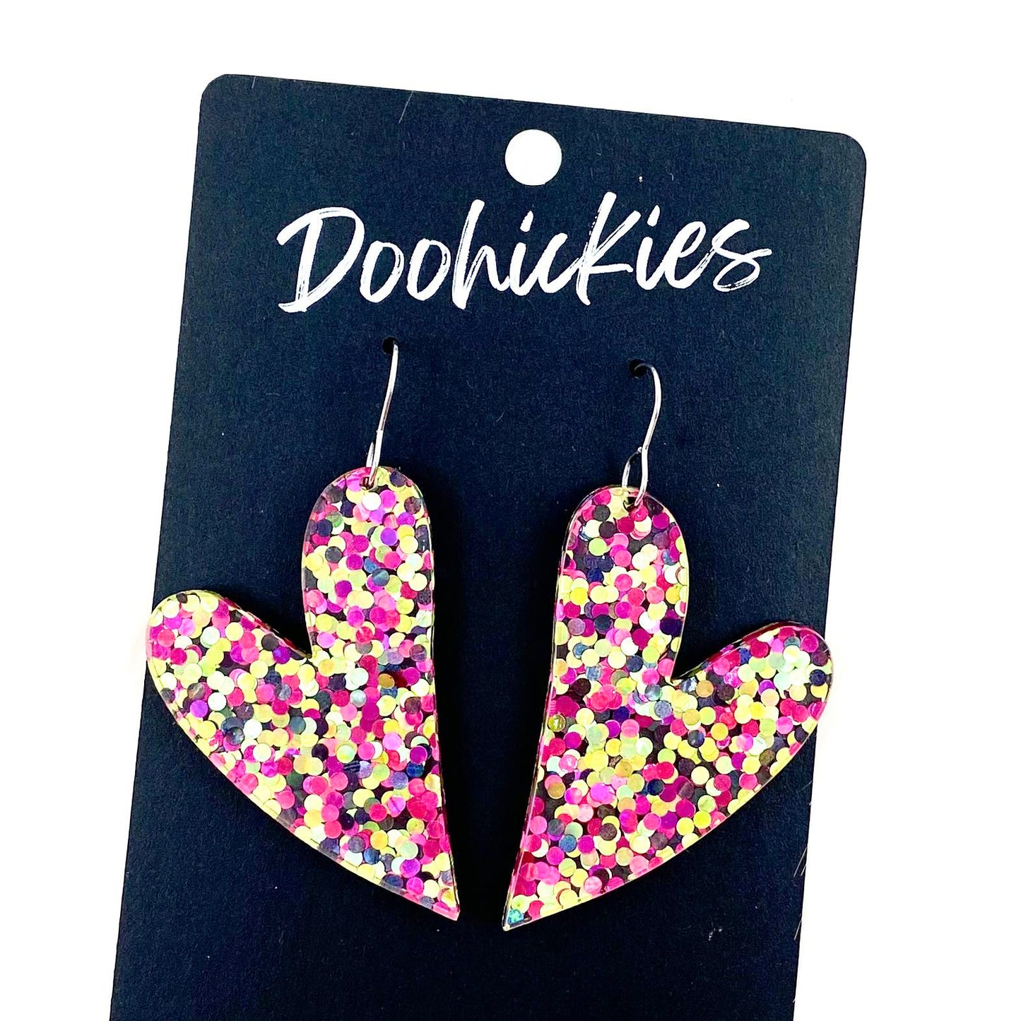 2.25" Pink & Gold Confetti Leaning Hearts - Valentines Acrylic Earrings