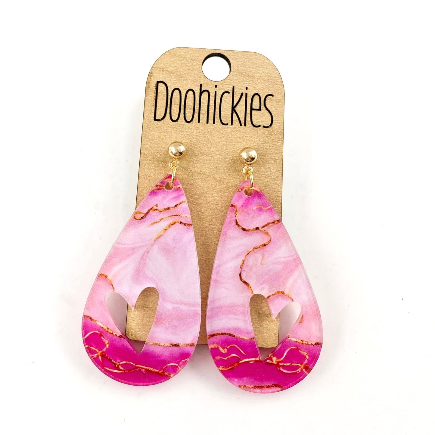 Pink & Gold Swirly Cutout Heart Acrylic Teardrops - Valentines Earrings