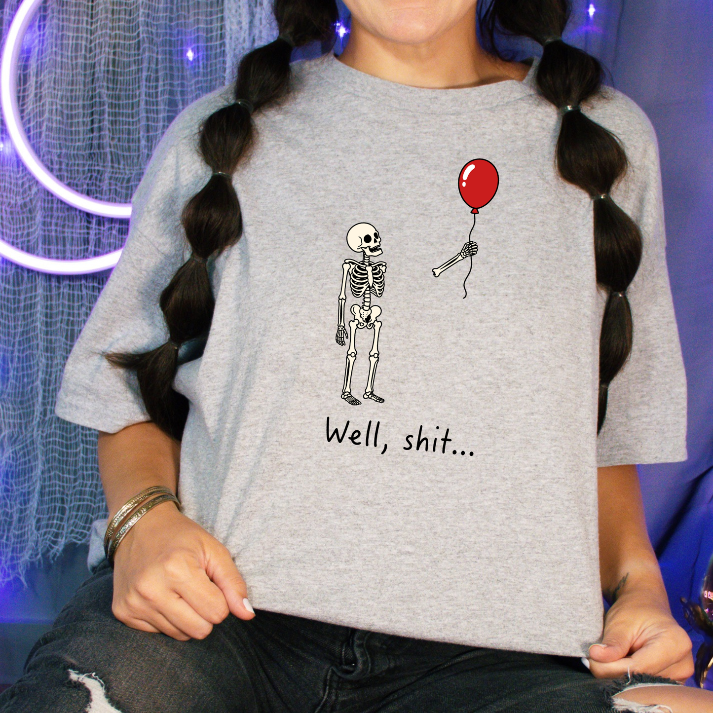 Wholesale Skeleton Red Balloon Graphic Tee- Grey