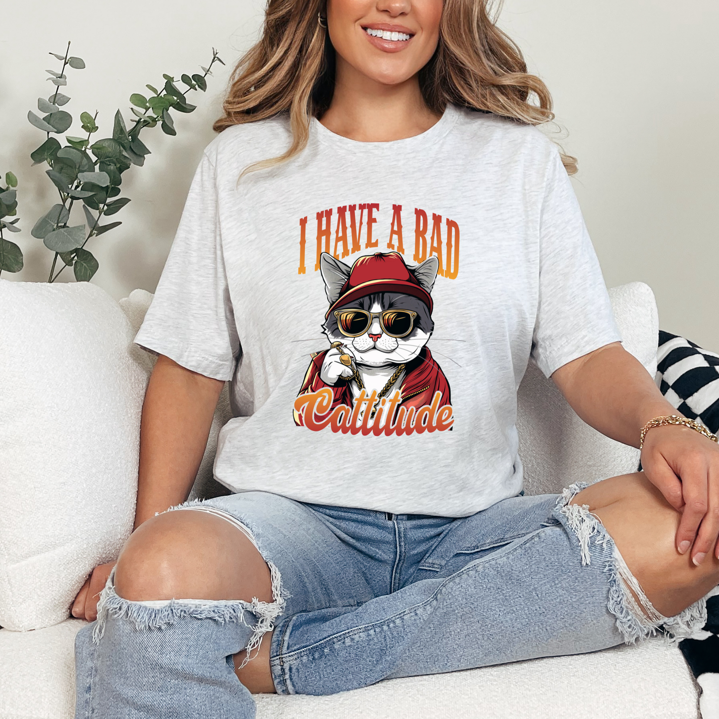 Wholesale I Have A Bad Cattitude Graphic Tee - Ash Tee