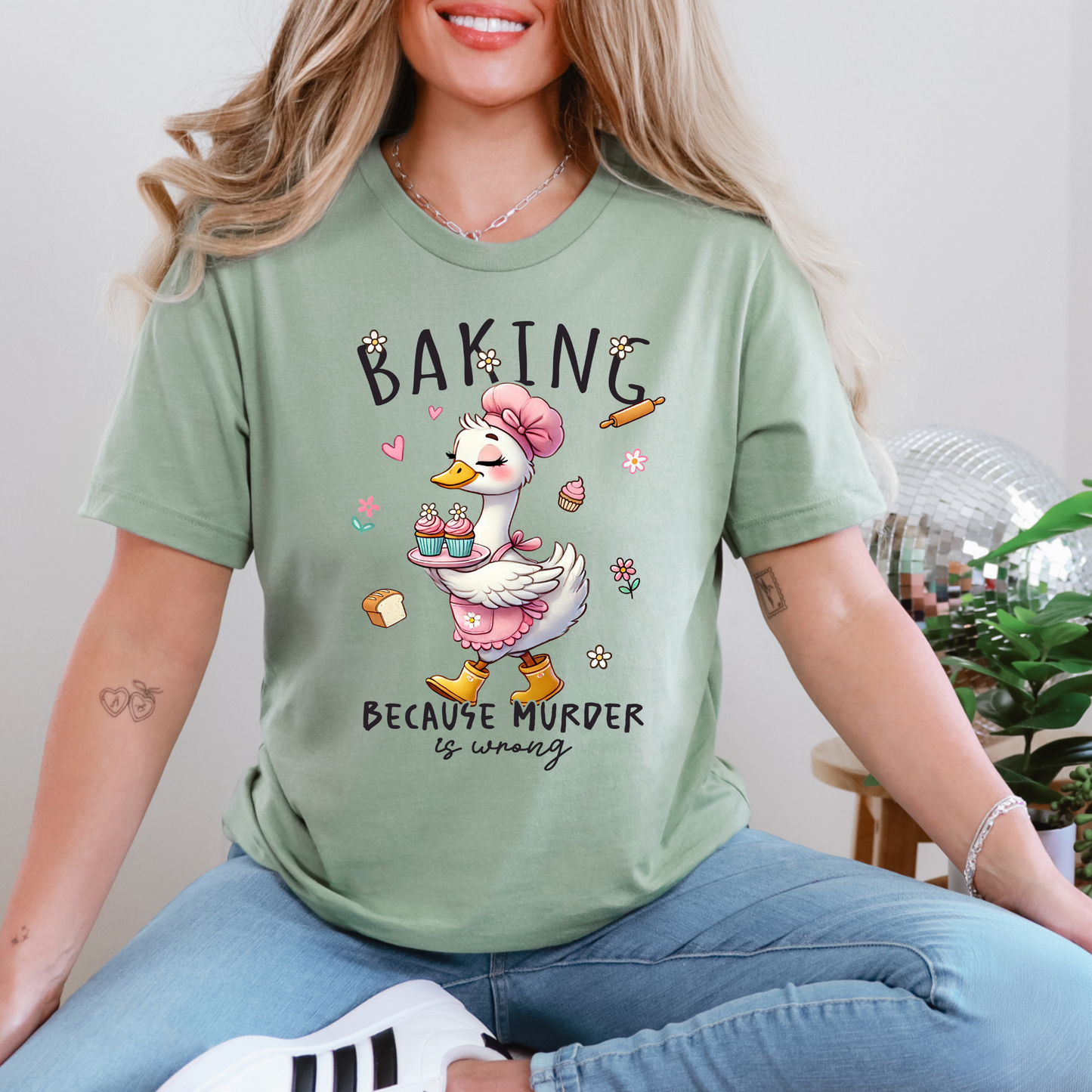 Wholesale Baking Because Murder Is Wrong Graphic Tee - Sage Tee