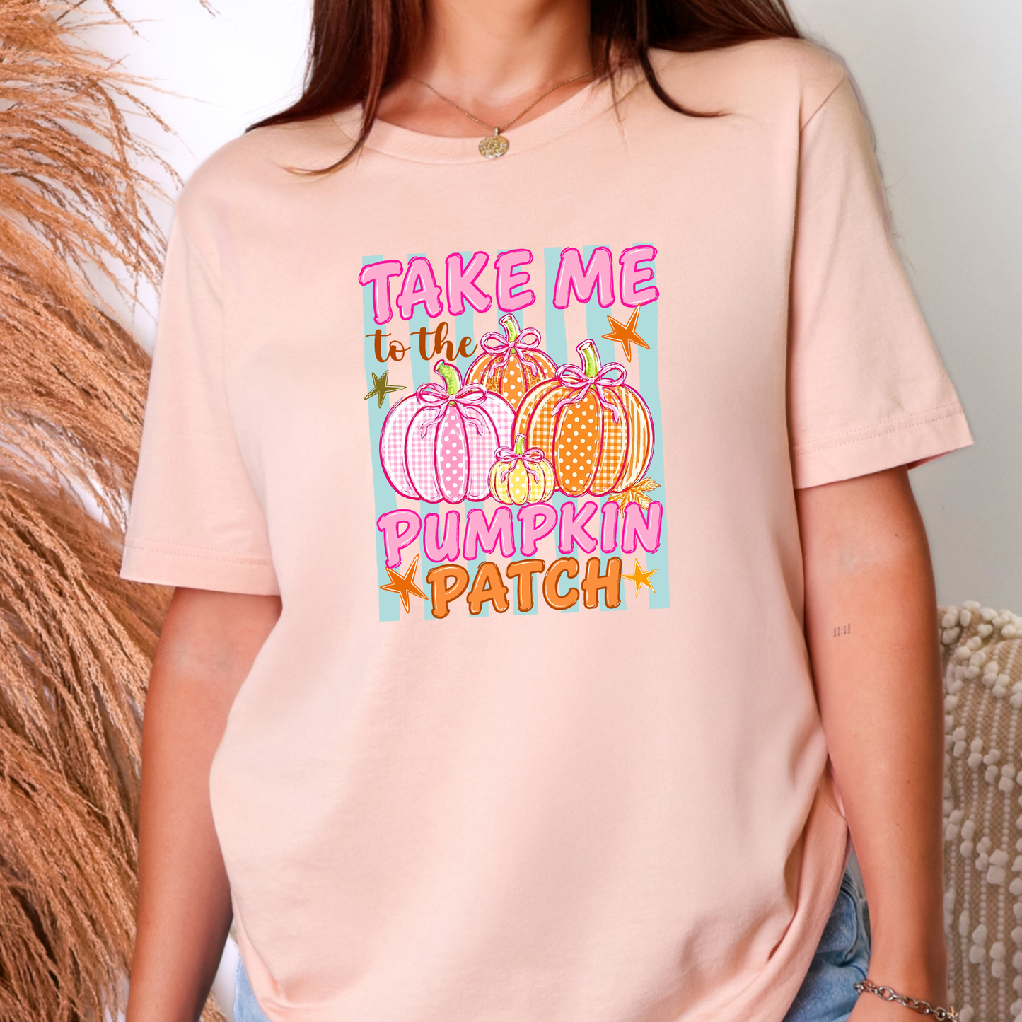 Wholesale Pumpkin Patch Stripes Graphic Tee - Peach