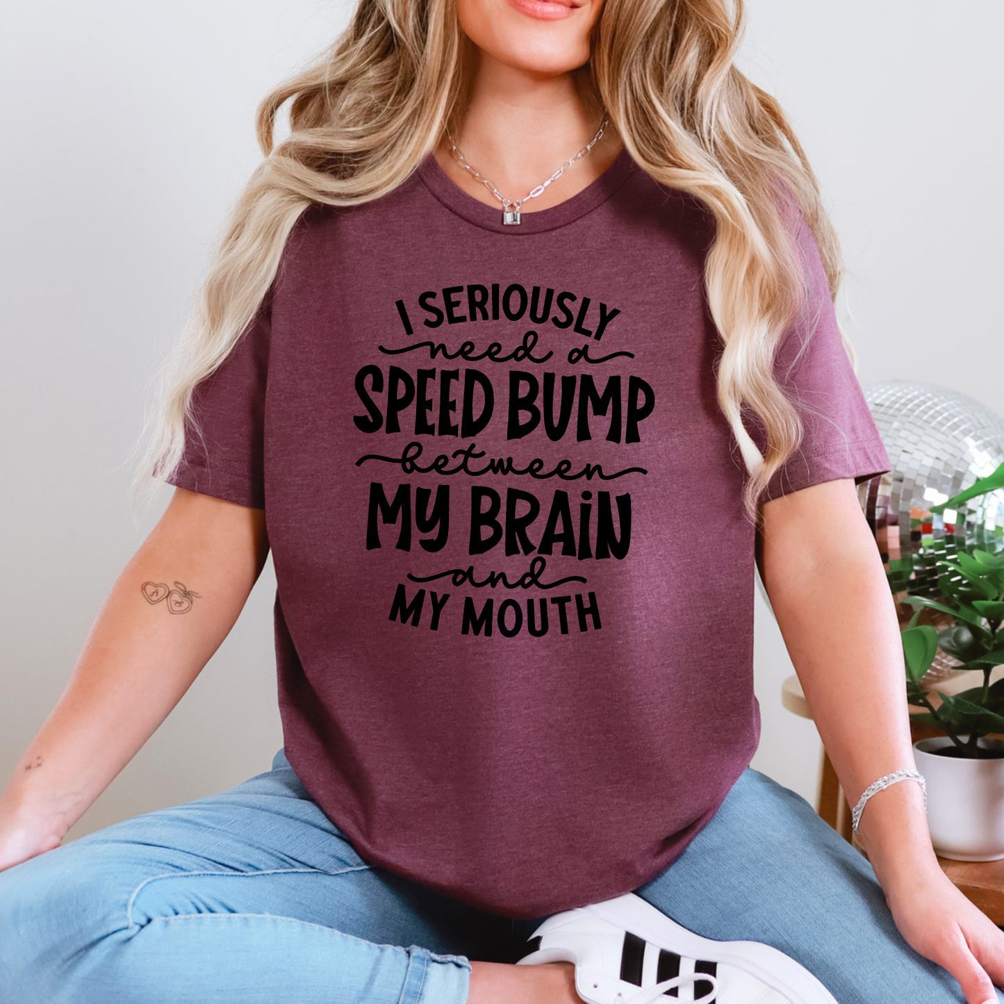 Wholesale Need a Bump Words Graphic Tee - Heather Maroon Tee