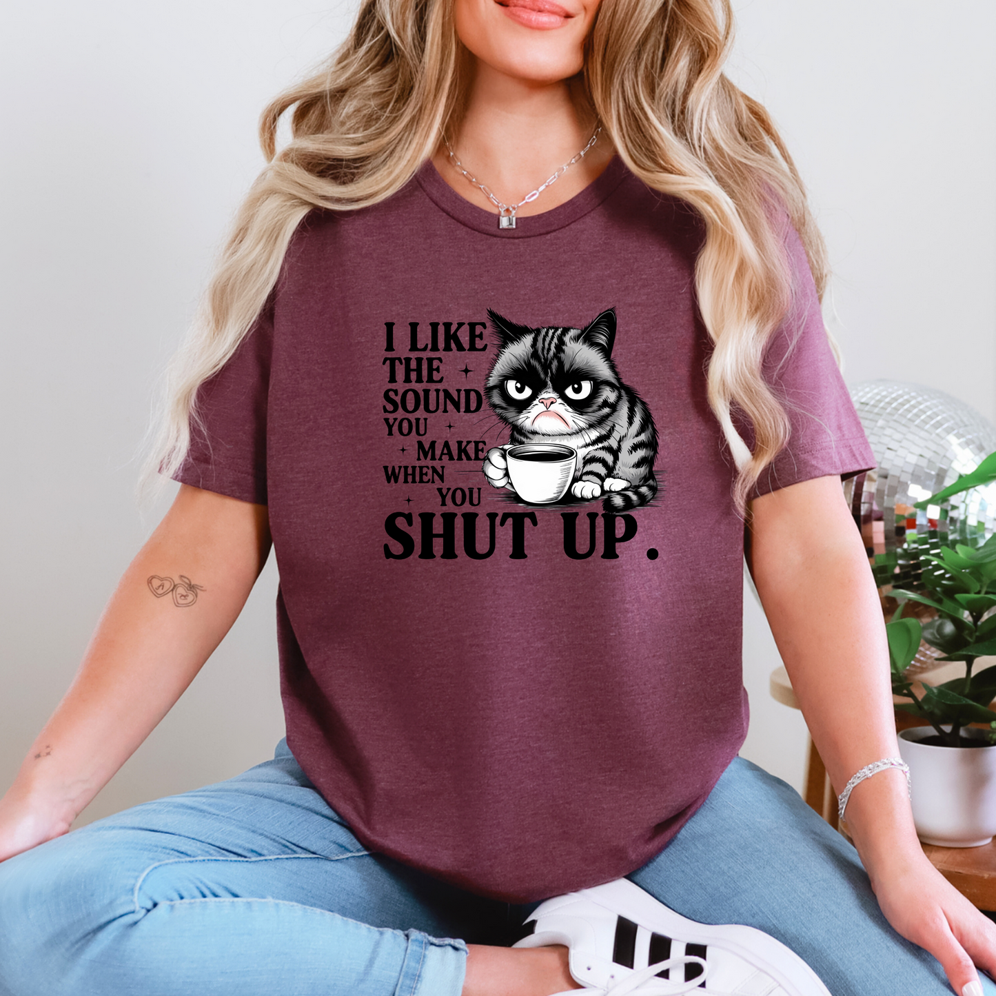 Wholesale Cat Shut Up Graphic Tee - Heather Maroon Tee