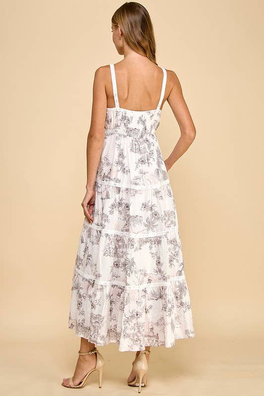 TCEC Pink Toile Print Eyelet Lace Insert Midi Dress