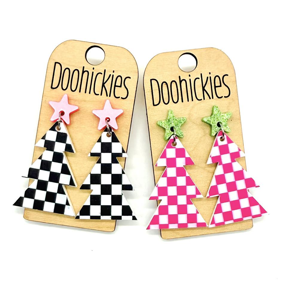 Checkered Layered Tree Collection - Christmas Acrylic Earrings