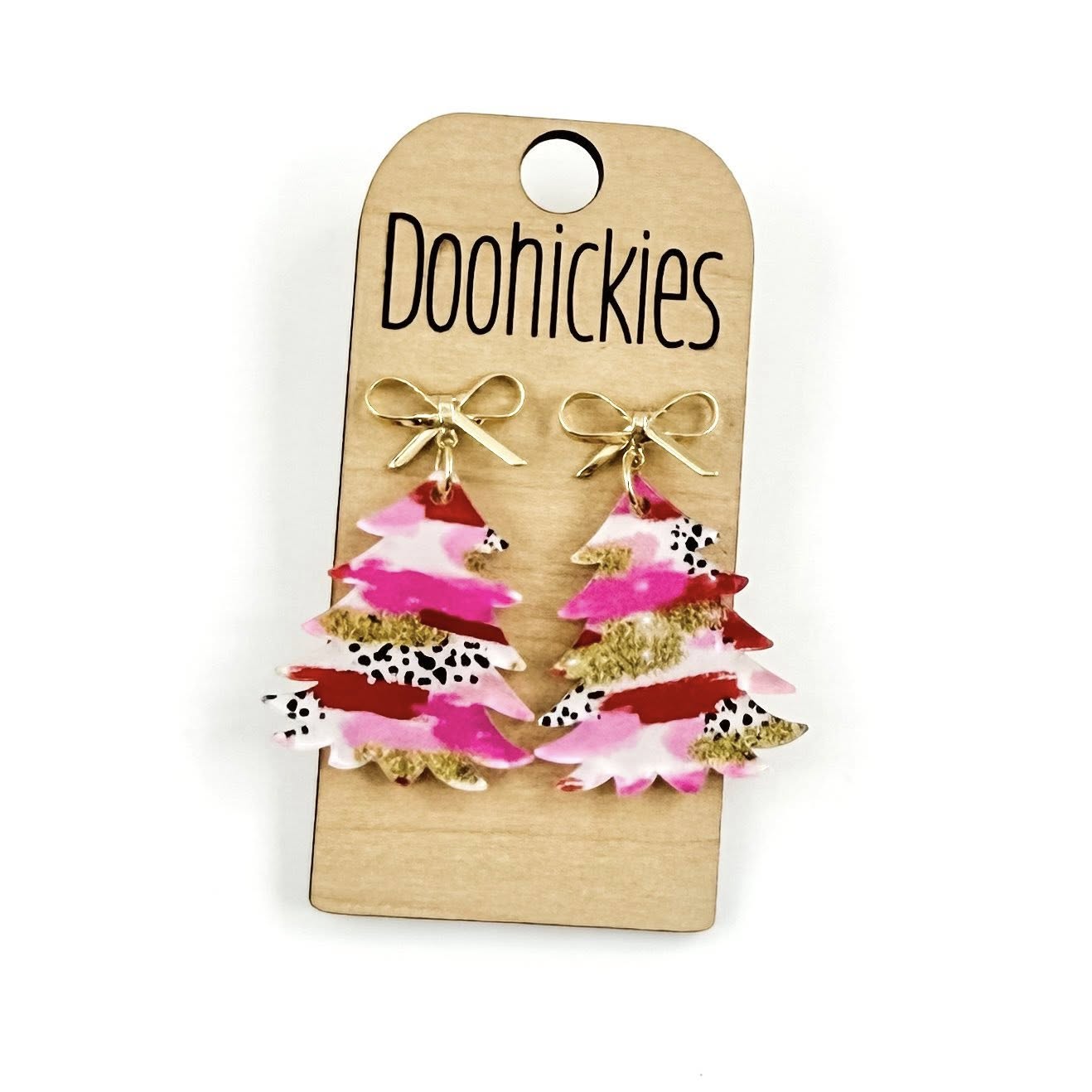 Bright Strokes Festive Tree w/ Gold Bow Earrings - Christmas Acrylic Earrings