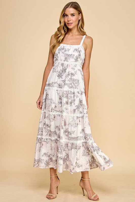 TCEC Pink Toile Print Eyelet Lace Insert Midi Dress