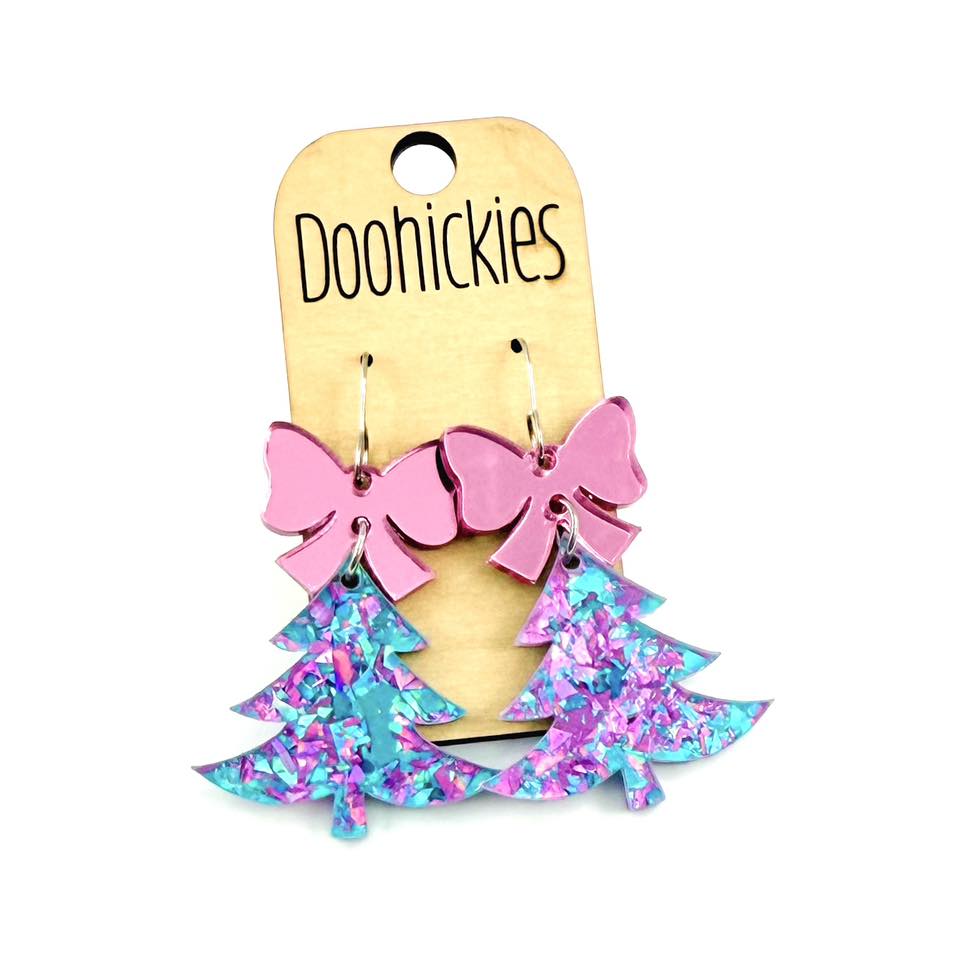 Unicorn Chunky Glitter Festive Tree w/ Pink Mirror Bow Earrings - Christmas Acrylic Earrings