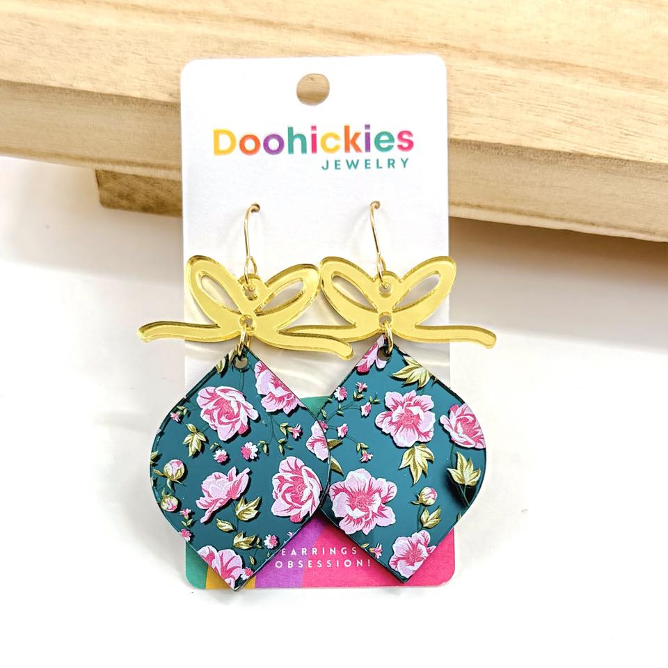 Teal Floral Christmas Ornaments Earrings