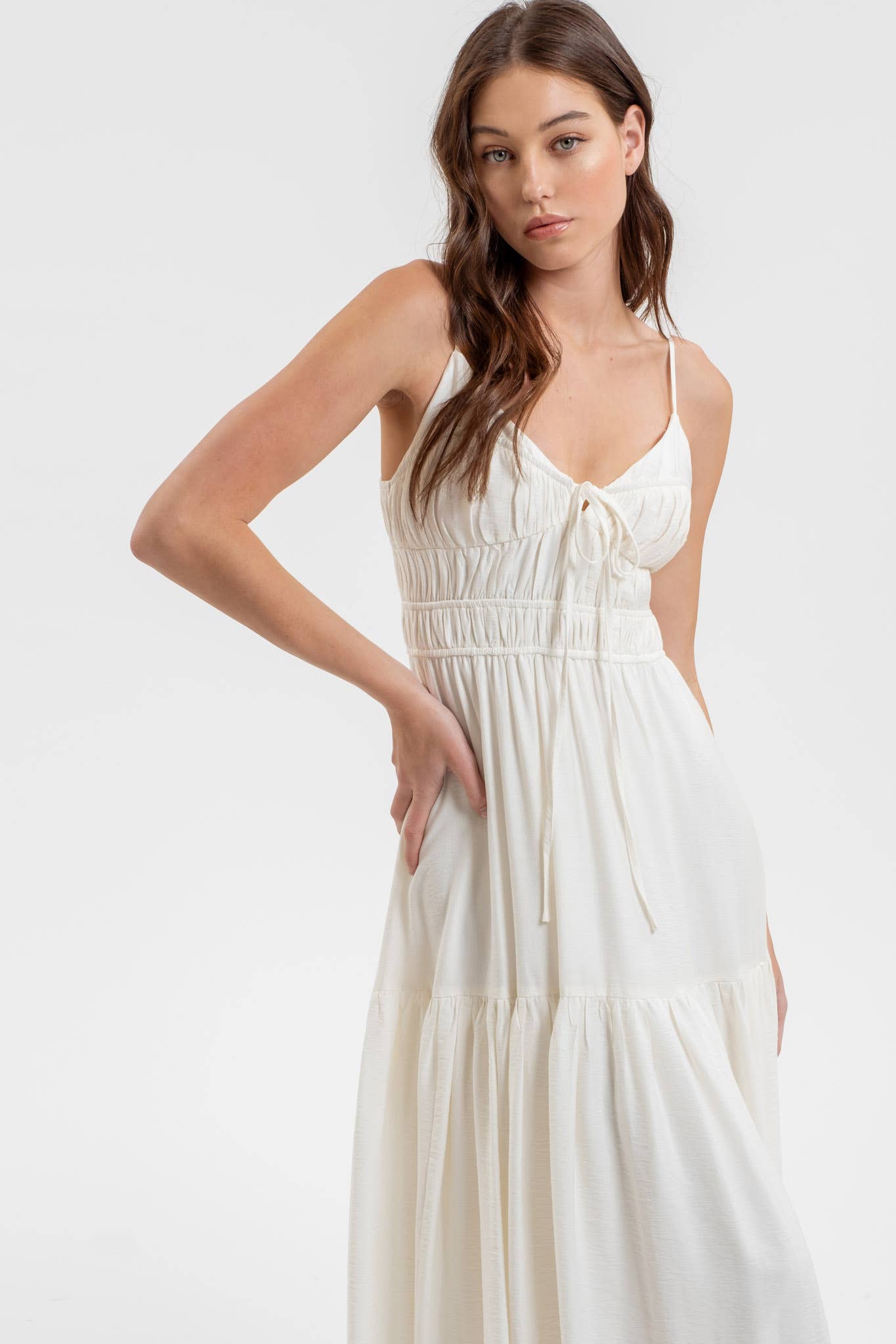 Moon River Shirred Front Tie Sleeveless Midi