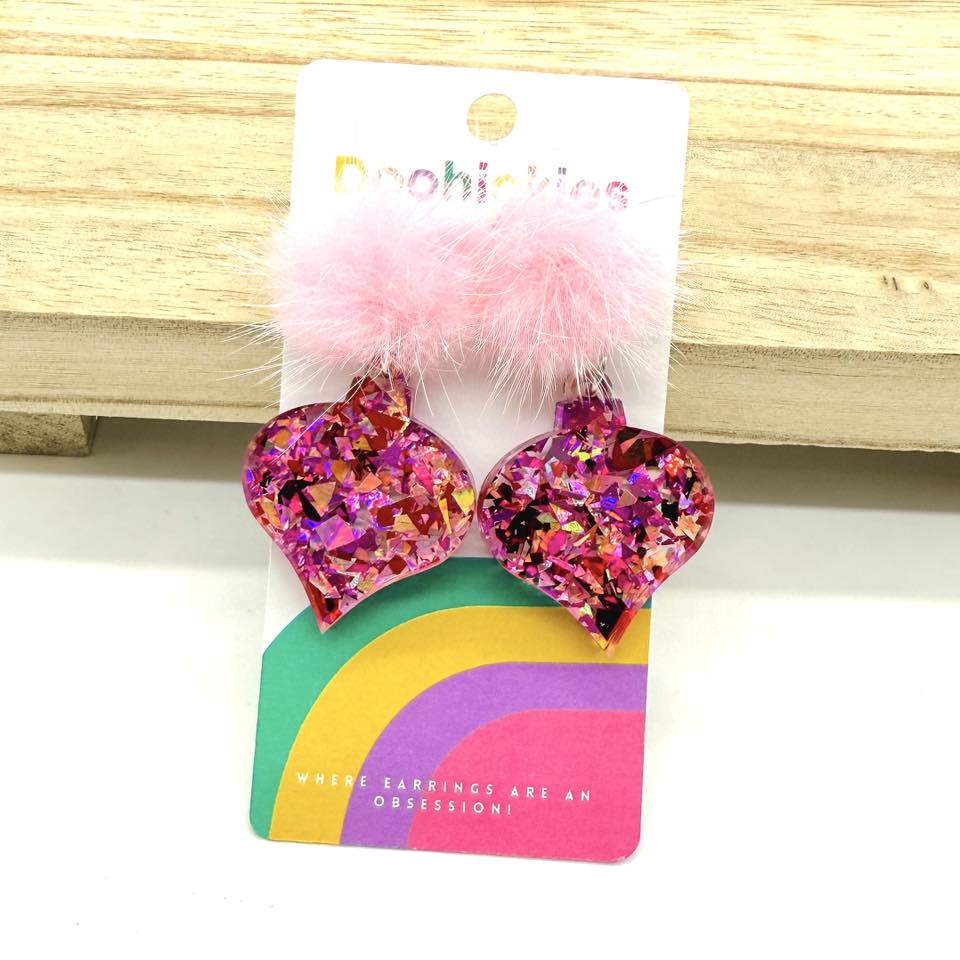 Light Pink Pom Pom Sweetheart Chunky Glitter Ornament Christmas Acrylic Earrings