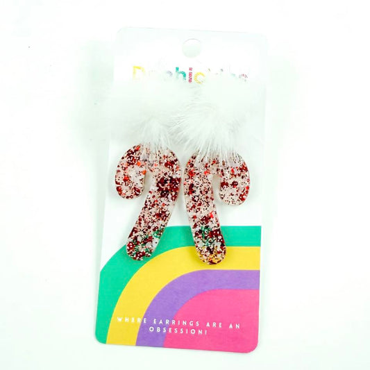 White Pom Pom Candy Cane Christmas Acrylic Earrings