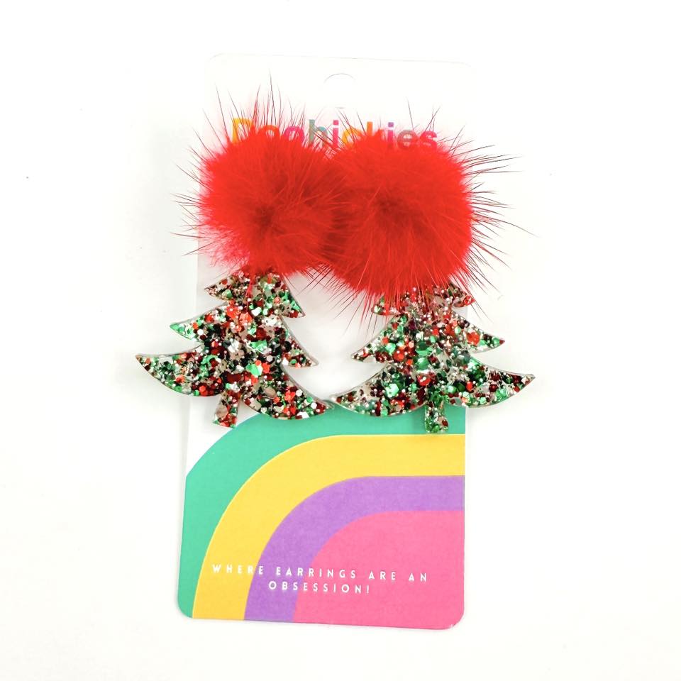 Red Pom Pom Christmas Glitter Swoopy Tree Acrylic Earrings