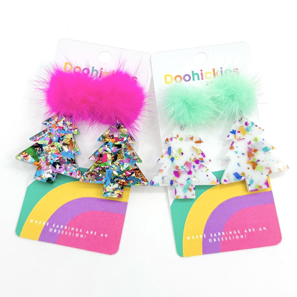 Pom Pom Chunky Glitter Christmas Trees Acrylic Earrings