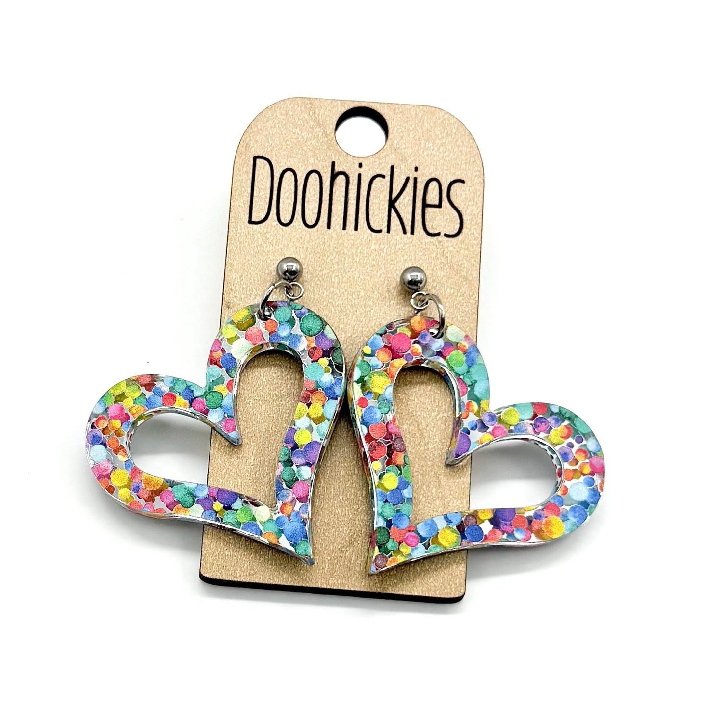 Bright Confetti Dot Cutout Heart Dangles - Valentines Earrings