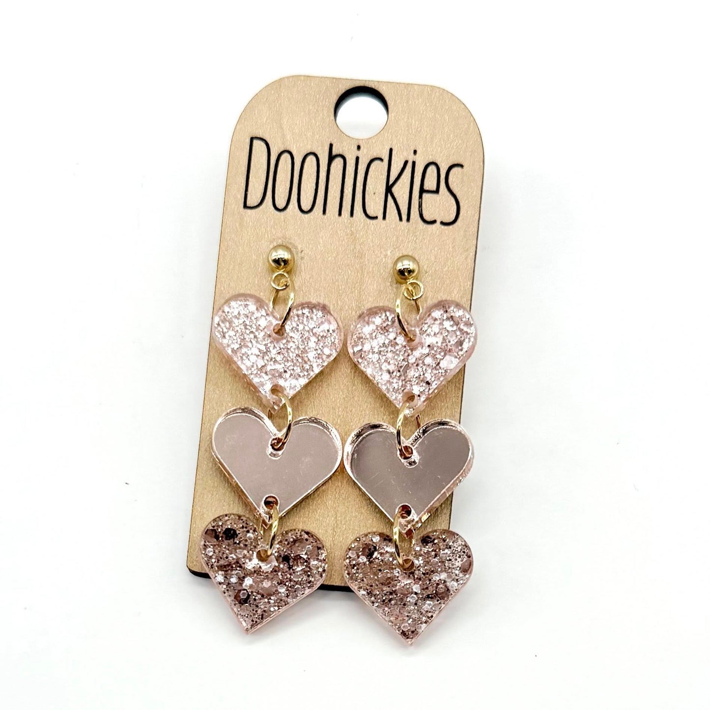 Rose Gold Shimmer Triple Heart Drop Valentines Earrings