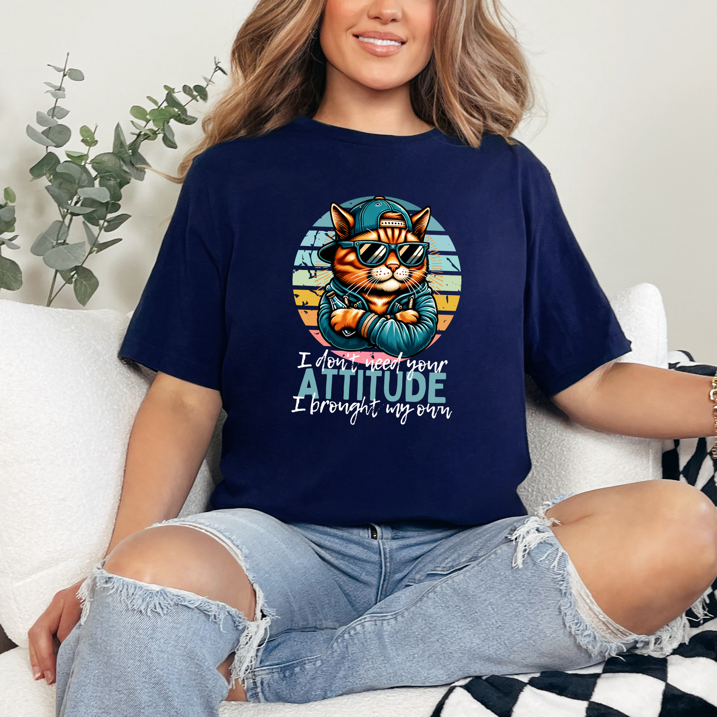 Wholesale Don't Need Your Attitude Cat Graphic Tee - Navy Tee