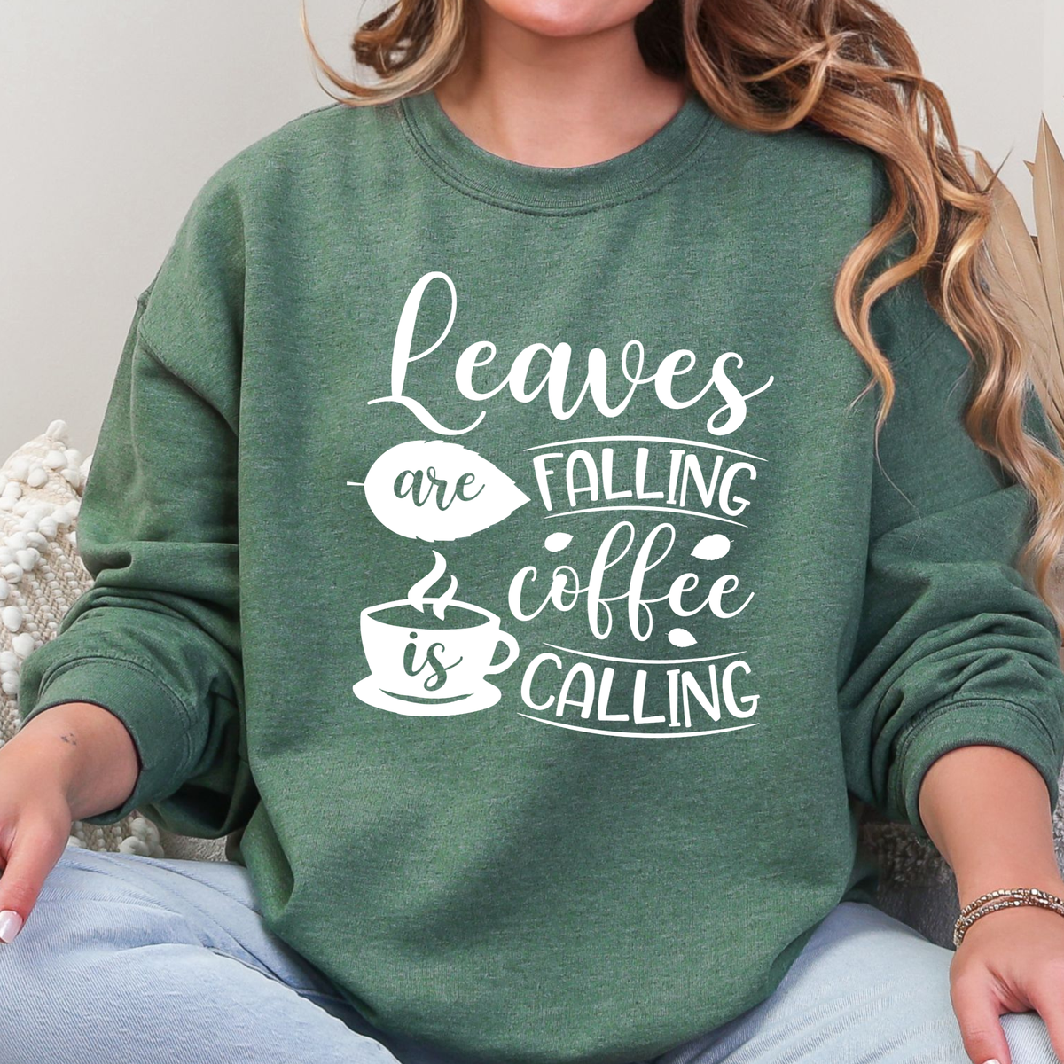 Wholesale Leaves Falling Coffee Calling Graphic Sweatshirt - Heather Dark Green