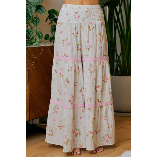 BIBI ROSE PRINTED GAUZE TRIM DETAIL SMOCKED MAXI PANTS
