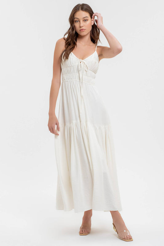 Moon River Shirred Front Tie Sleeveless Midi