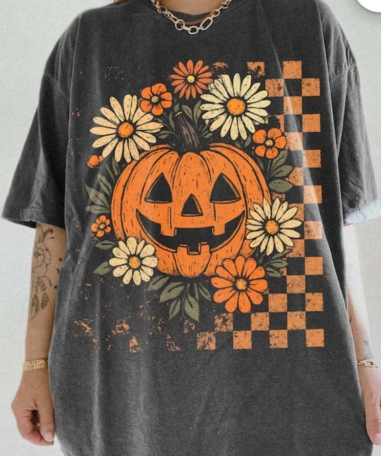 Retro floral pumpkin comfort colors tee