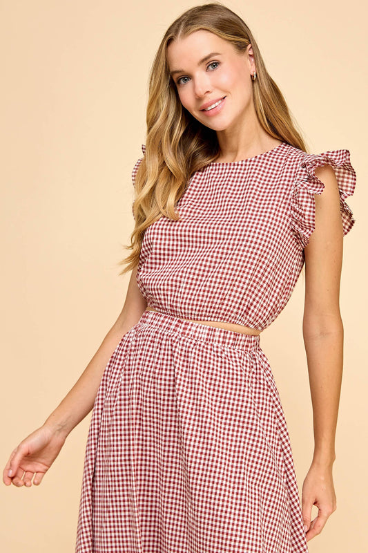 Gingham Ruffle Cap Sleeves Cropped Top