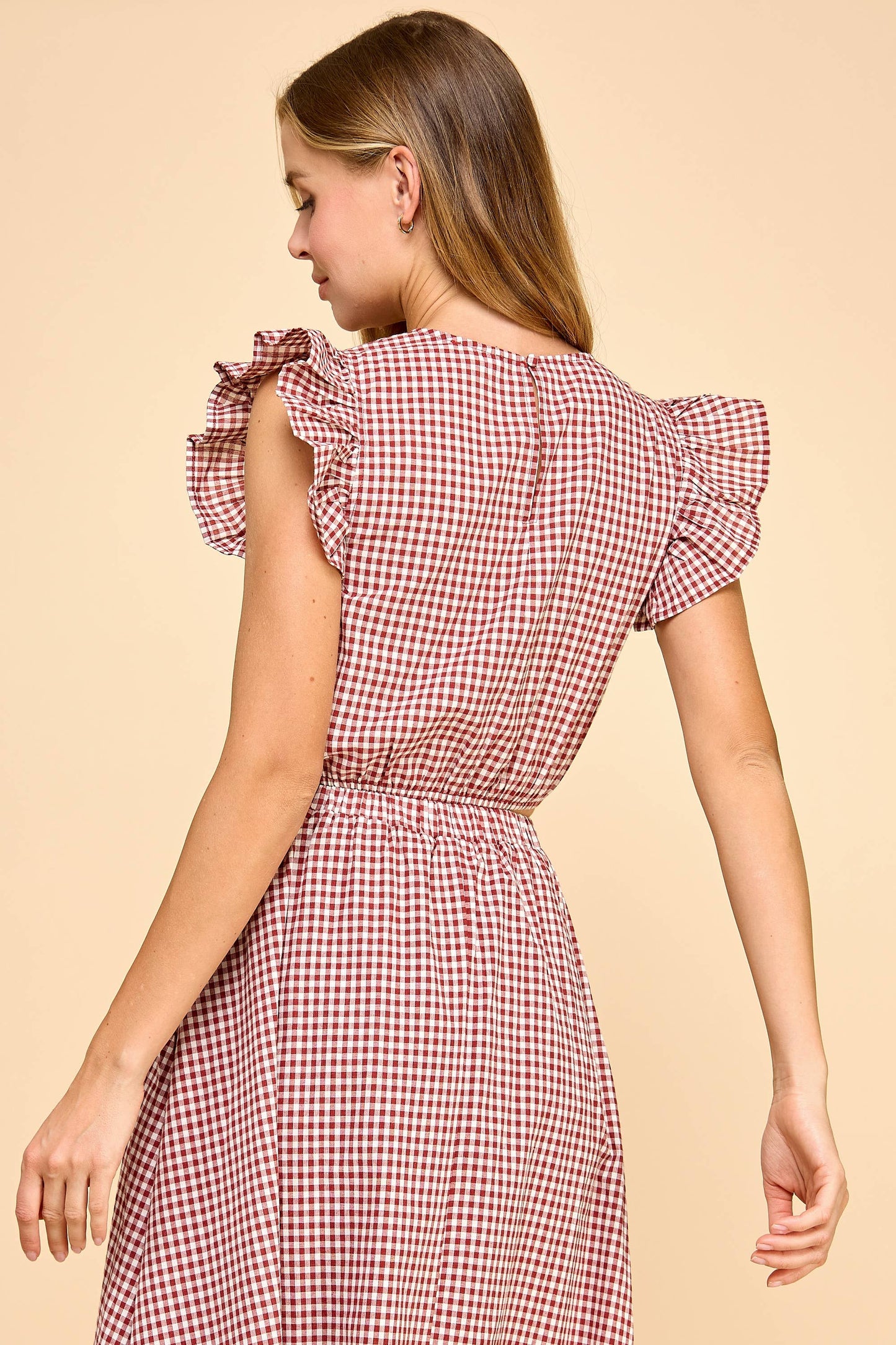 Gingham Ruffle Cap Sleeves Cropped Top