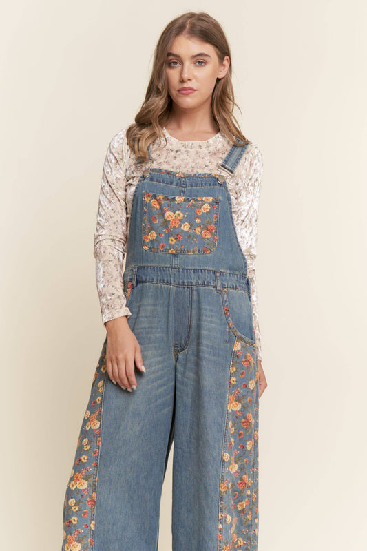Denim Floral Contrast Wide Leg Overalls