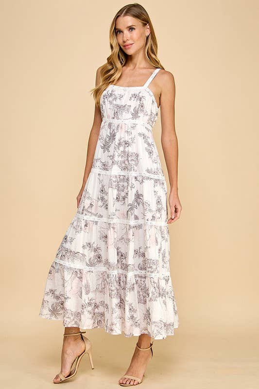 TCEC Pink Toile Print Eyelet Lace Insert Midi Dress