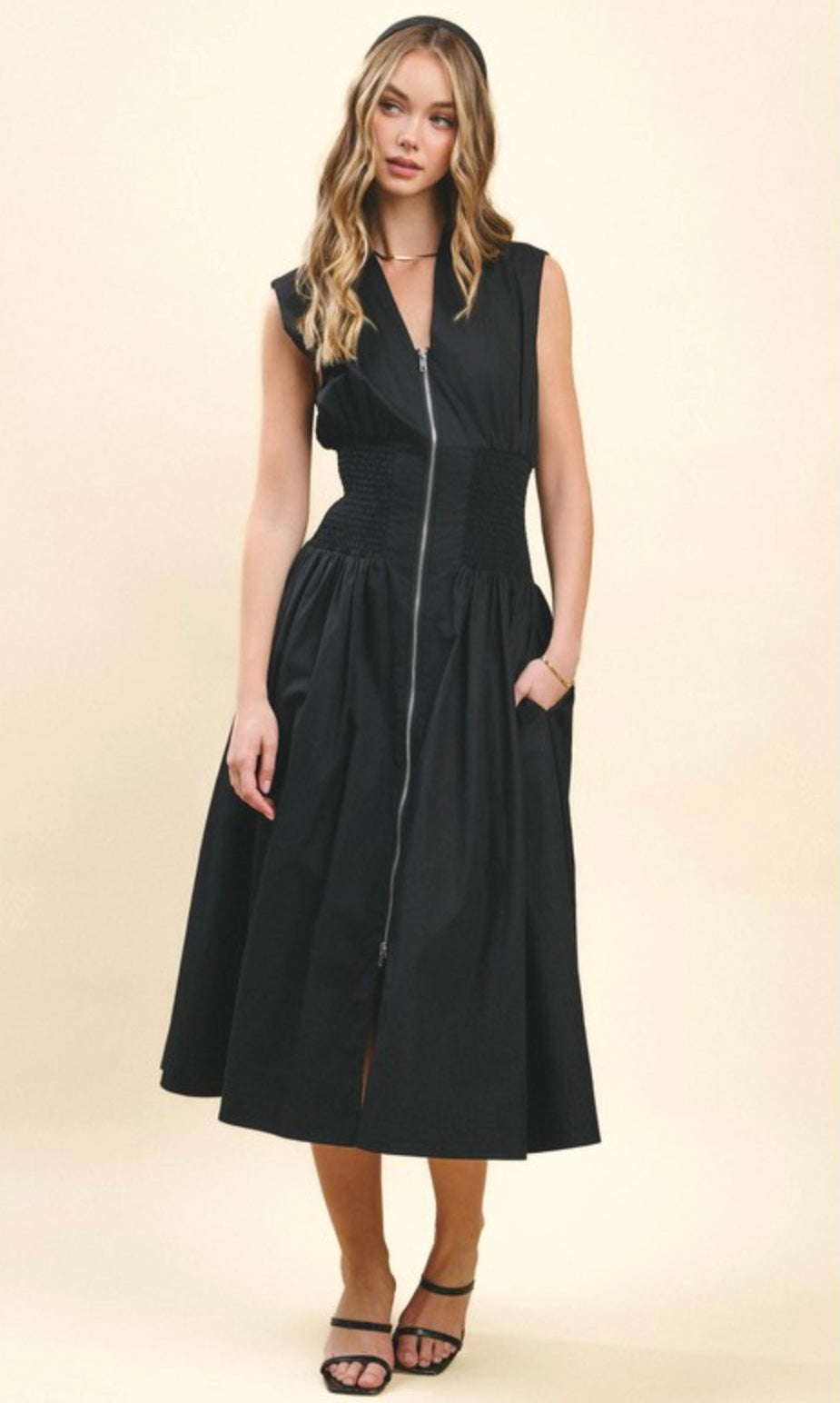 TCEC Zipper Detail Smocked Waist Mid Dress