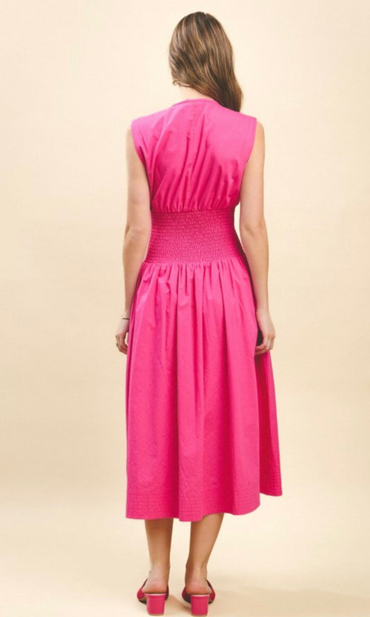 TCEC Zipper Detail Smocked Waist Mid Dress