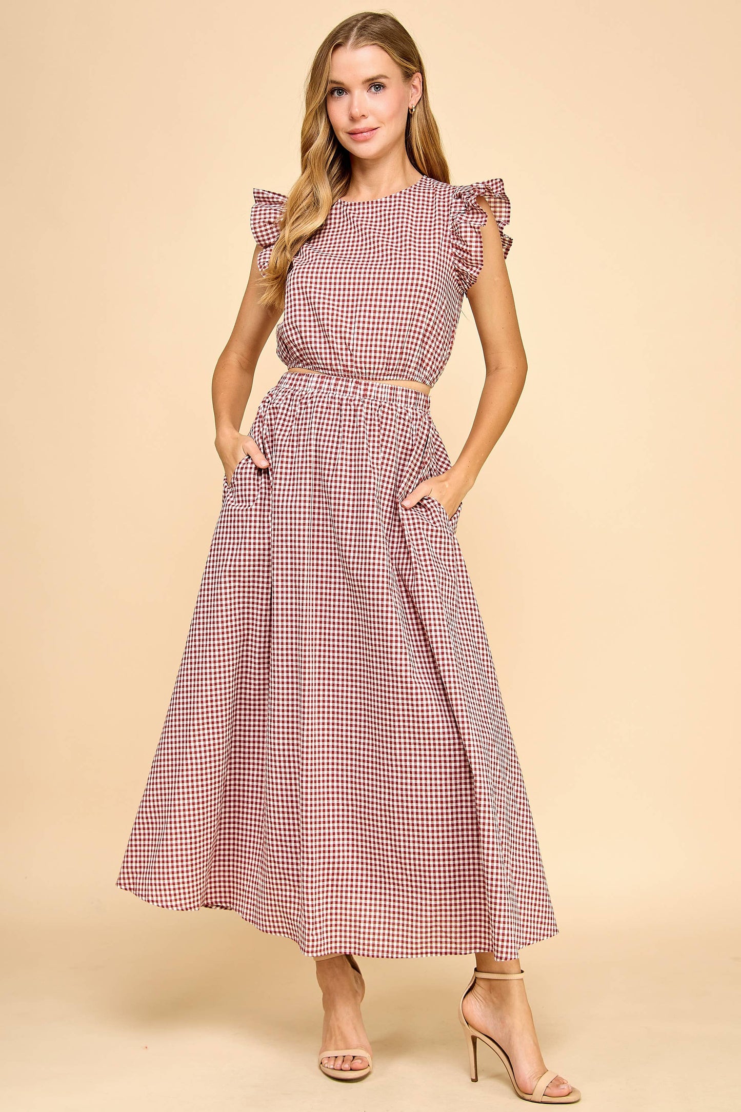 Gingham Ruffle Cap Sleeves Cropped Top