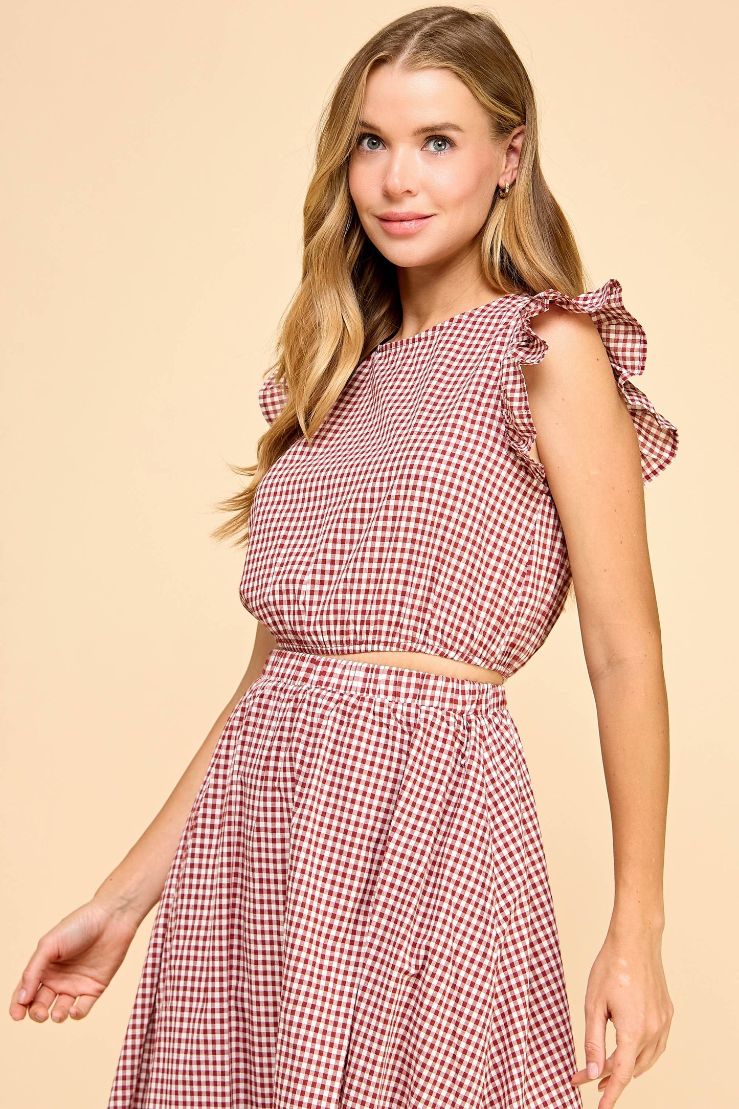 Gingham Ruffle Cap Sleeves Cropped Top