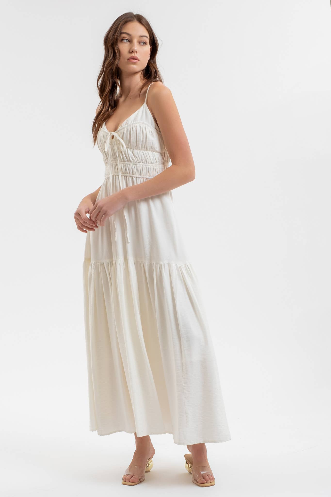 Moon River Shirred Front Tie Sleeveless Midi