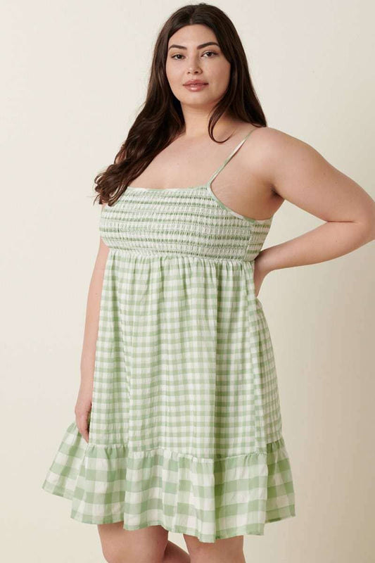PLUS GINGHAM DECO SMOCK MINI DRESS