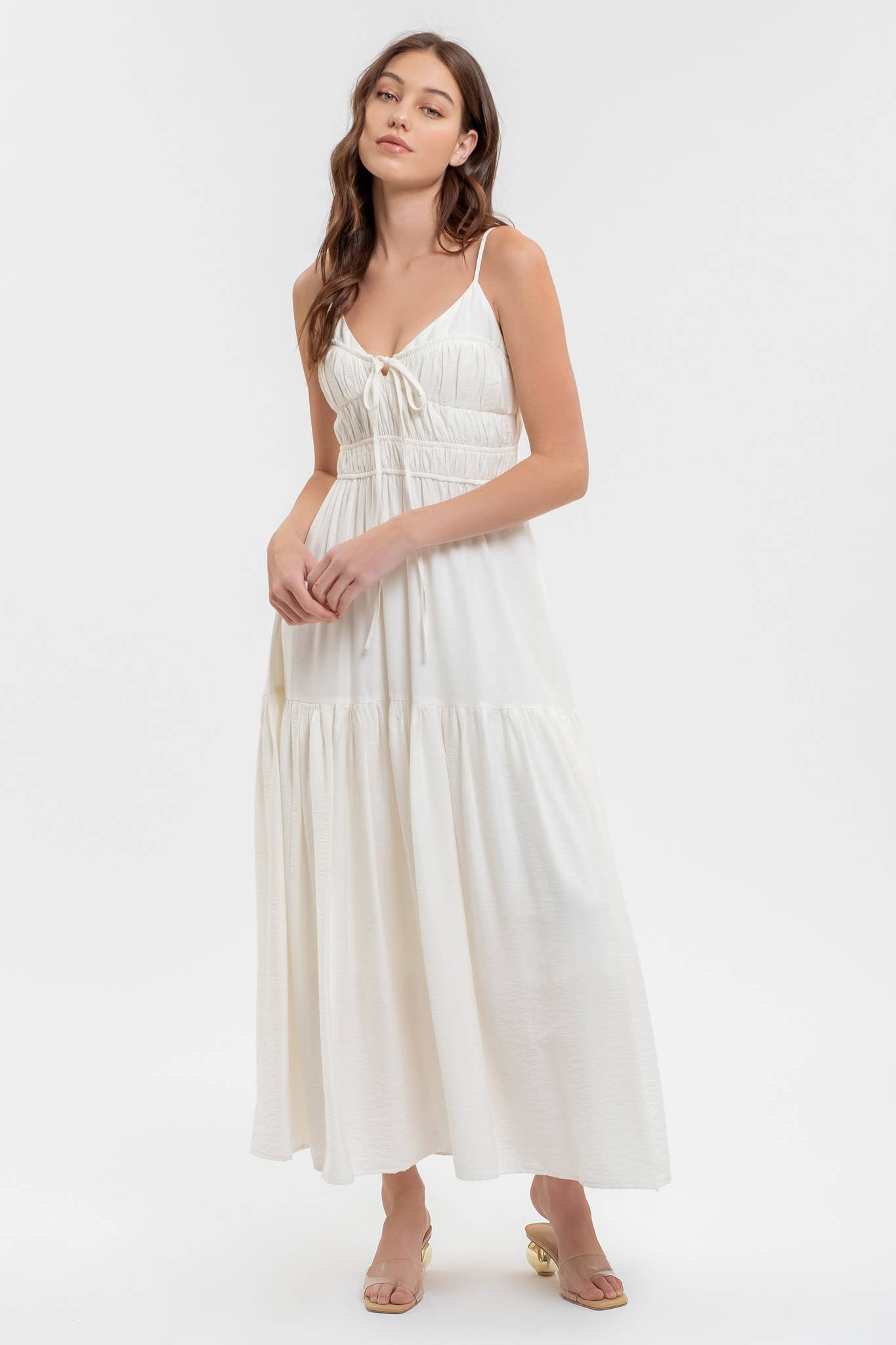 Moon River Shirred Front Tie Sleeveless Midi