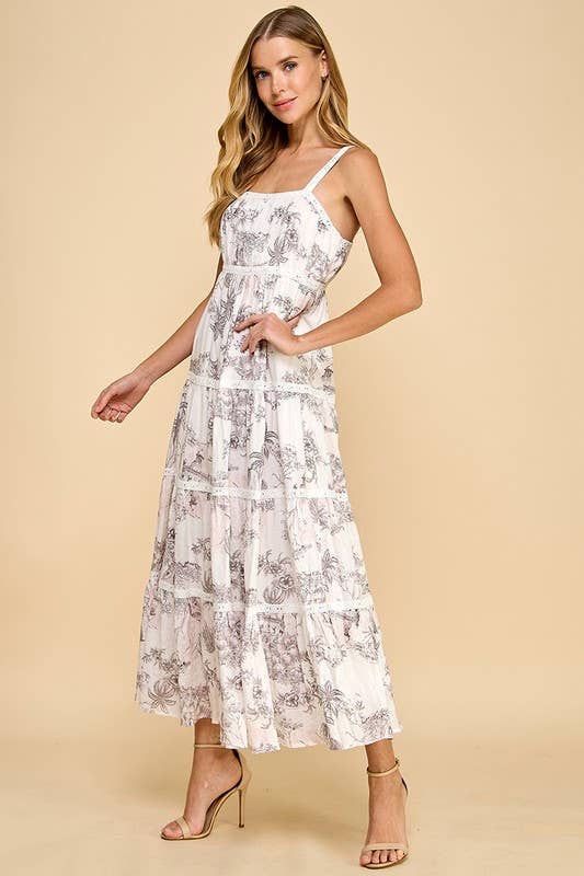 TCEC Pink Toile Print Eyelet Lace Insert Midi Dress