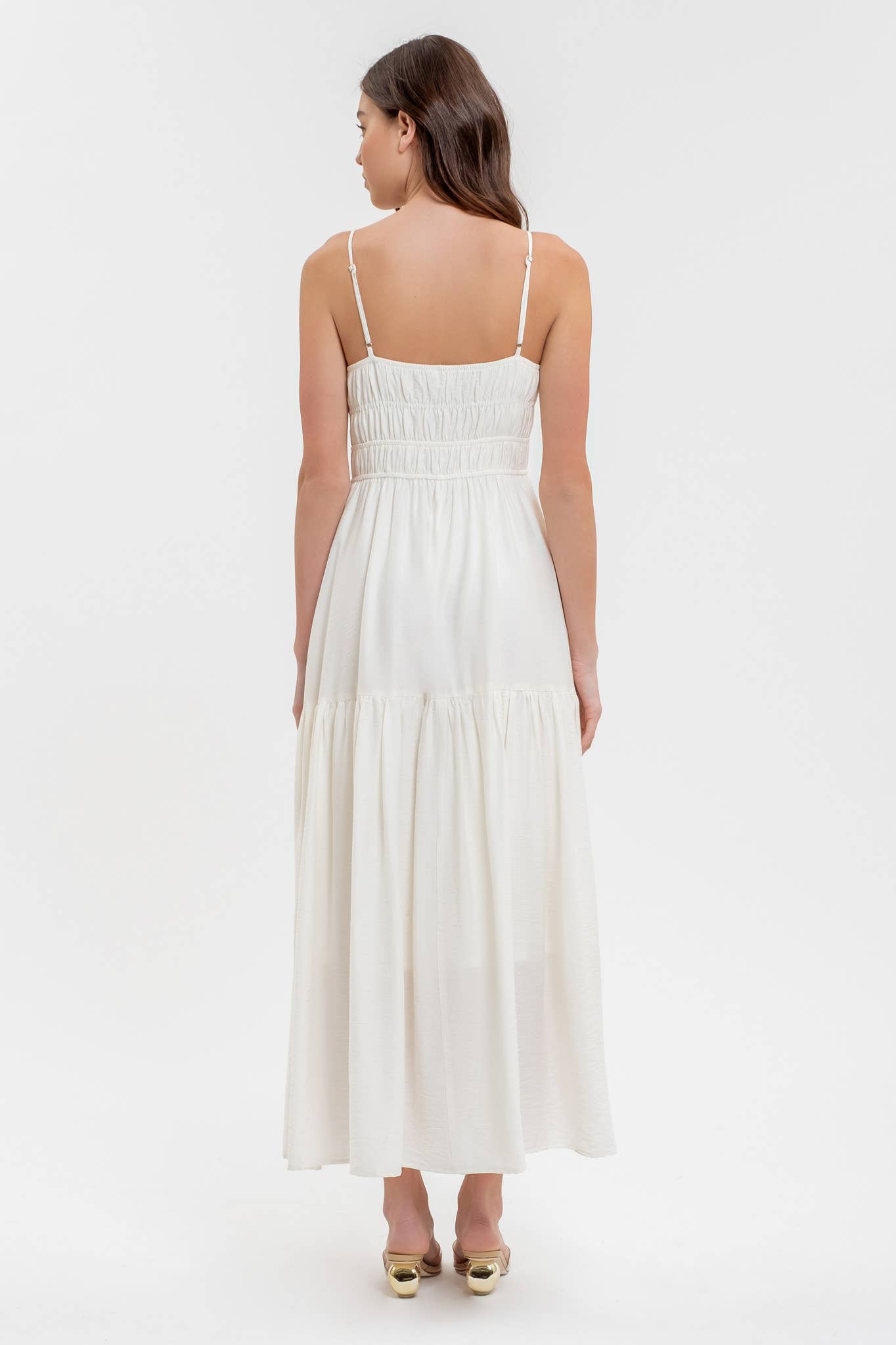 Moon River Shirred Front Tie Sleeveless Midi
